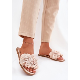Flat -heeled women's flip flops with decorative flowers beige 2