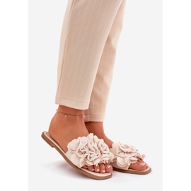 Flat -heeled women's flip flops with decorative flowers beige 1