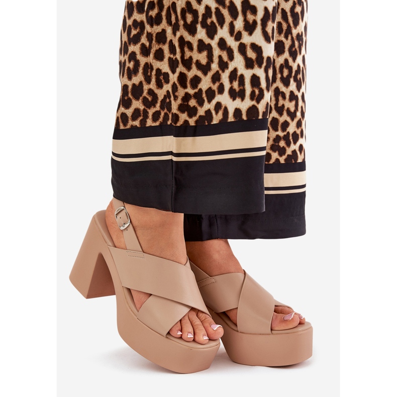 Women's sandals on the post and platform with eco leather khaki beige 1 Women's sandals on the post and platform with eco leather khaki beige 1