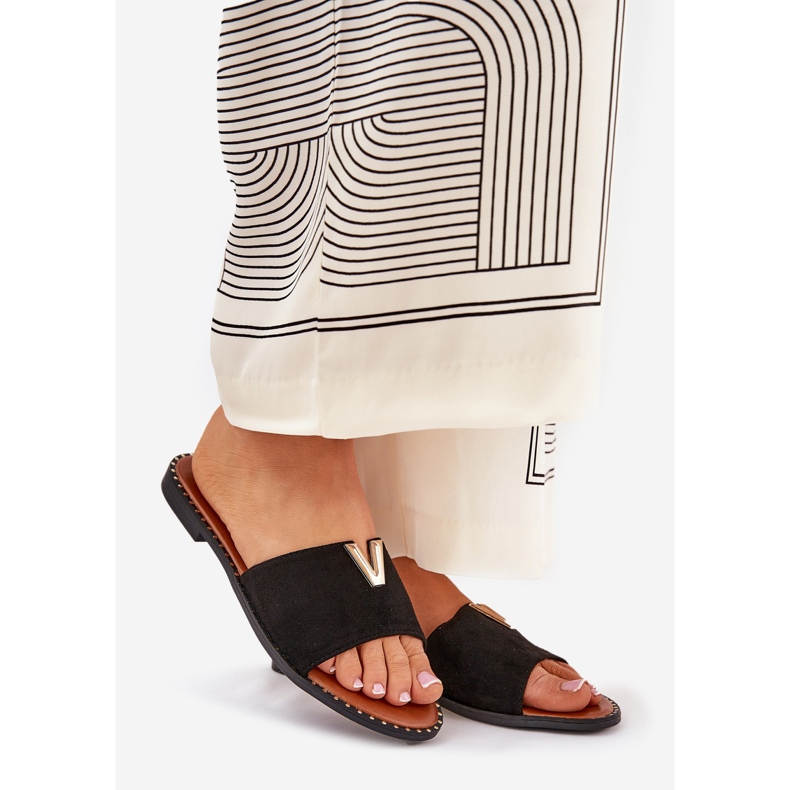 Flat -heeled women's flip flops with decorative details black 1