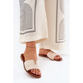 Flat -heeled women's flip flops with decorative details beige 2