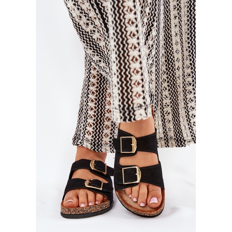 Women's flip flops on a cork platform with golden clamps black 2