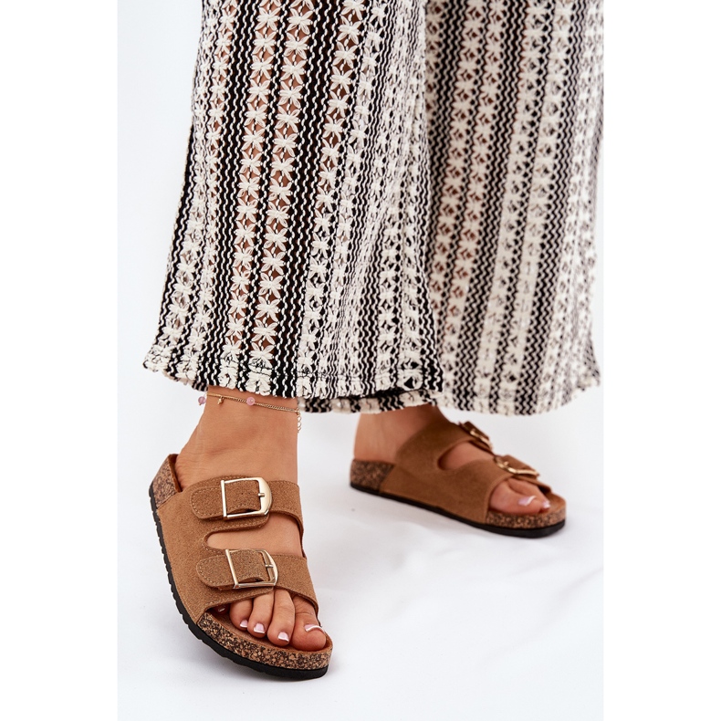 Women's flip flops on a cork platform with Camel golden buckles brown 2