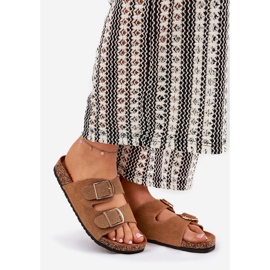 Women's flip flops on a cork platform with Camel golden buckles brown 1