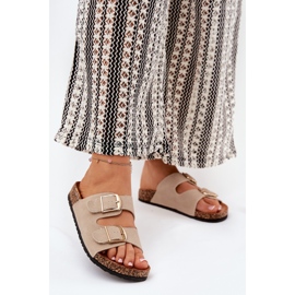 Women's flip flops on a cork platform with golden clamps beige 2