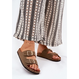 Women's flip flops on a cork platform with golden buckles green 2