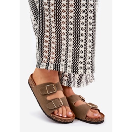 Women's flip flops on a cork platform with golden buckles green 1