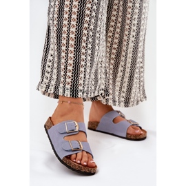 Women's flip flops on a cork platform with golden buckles blue 2