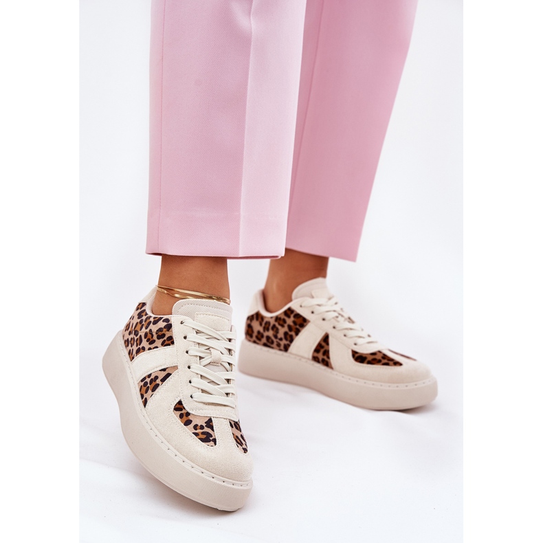 Women's sneakers with leopard print on the platform beige 2