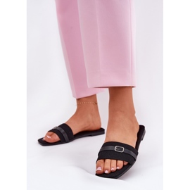 Flat women's flip flops with belt and buckle black 2