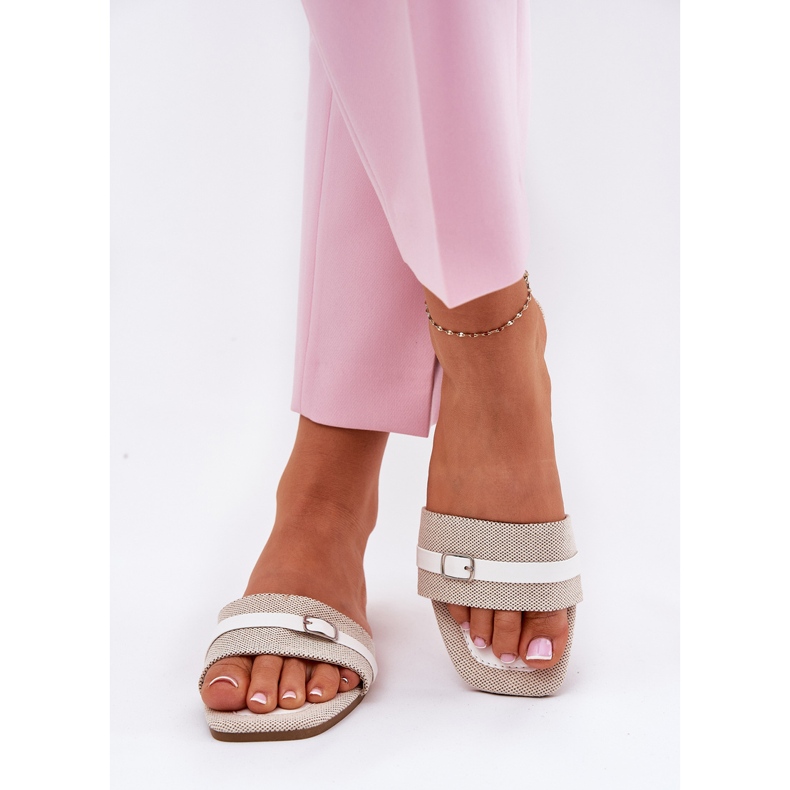 Flat women's flip flops with beige-white belt and buckle 2