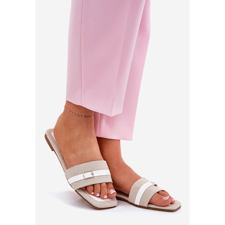 Flat women's flip flops with beige-white belt and buckle 1