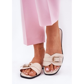 Flat women's flip flops with a golden beige clamp 2