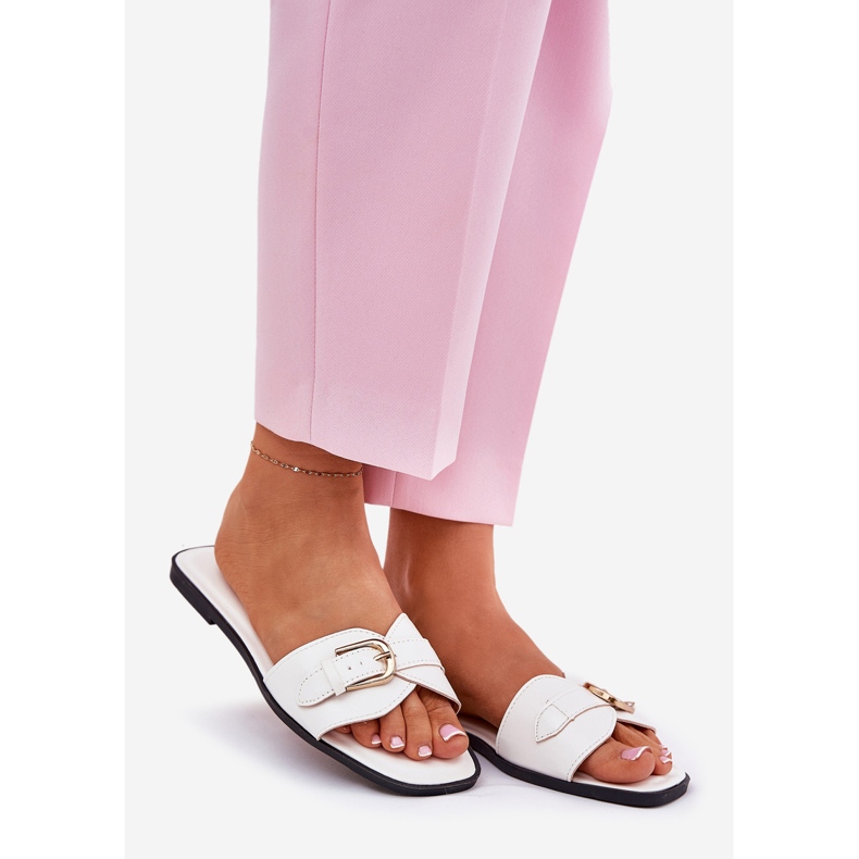 Flat women's flip flops with a golden buckle white 1