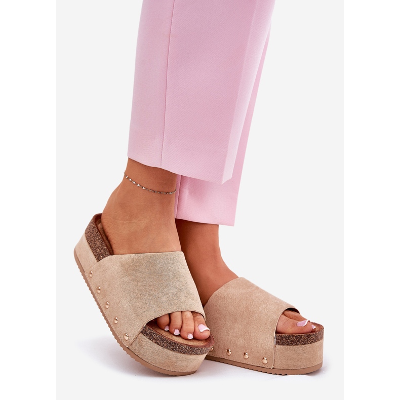 Women's slippers on the massive platform eco suede khaki beige 1