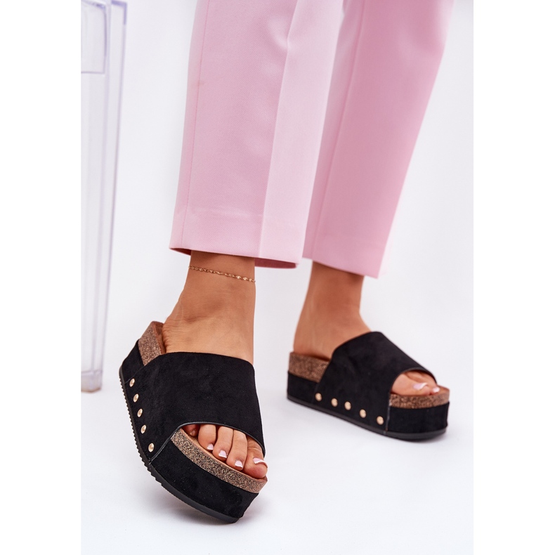 Women's flip flops on the massive platform eco suede black 2