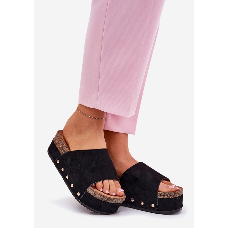 Women's flip flops on the massive platform eco suede black 1