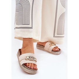 Women's flip flops with a golden detail on the platform with glitter beige 2