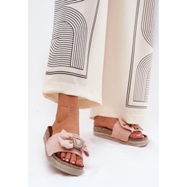 Women's flip flops on the platform with a bow and a decorative brooch pink 2