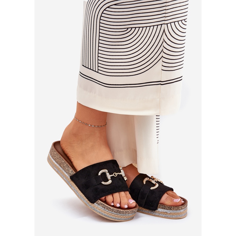 Women's flip flops on the platform with a golden ornament and brocade black 1 Women's flip flops on the platform with a golden ornament and brocade black 1