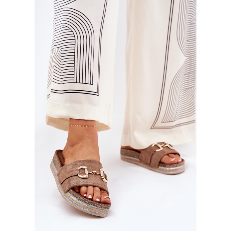 Women's flip flops on the platform with a golden ornament and khaki glitter beige 2