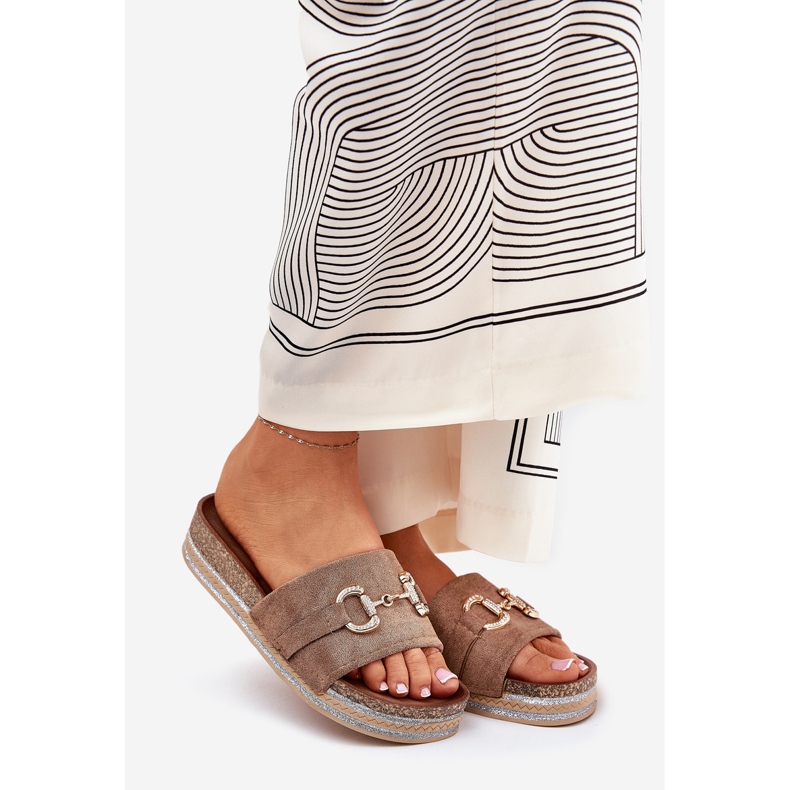 Women's flip flops on the platform with a golden ornament and khaki glitter beige 1