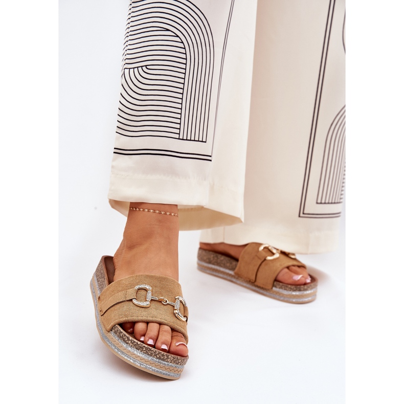 Women's flip flops on the platform with a golden ornament and Camel glitter brown 2