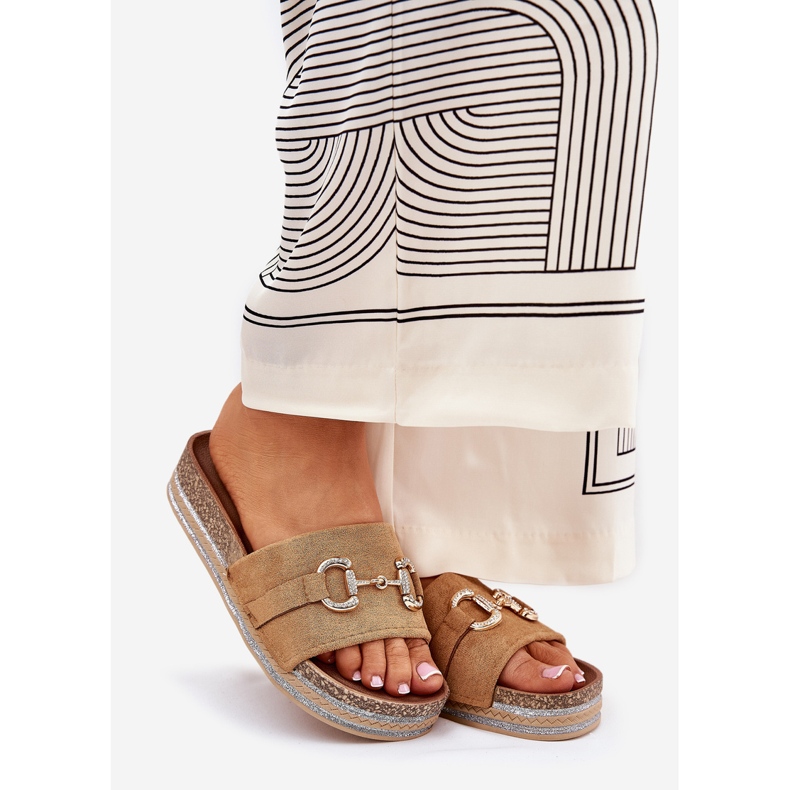 Women's flip flops on the platform with a golden ornament and Camel glitter brown 1