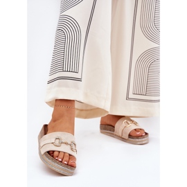 Women's flip flops on the platform with a golden ornament and beige glitter 2