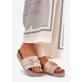 Women's flip flops on the platform with a golden ornament and beige glitter 1