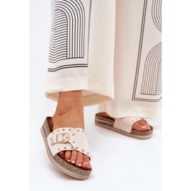 Women's flip flops on the platform with a buckle and studs beige 2