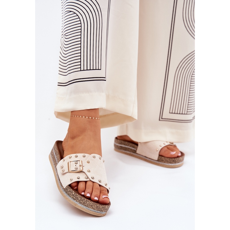 Women's flip flops on the platform with a buckle and studs beige 2