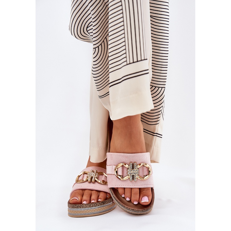 Women's flip flops on the platform with glitter and golden decoration pink 2