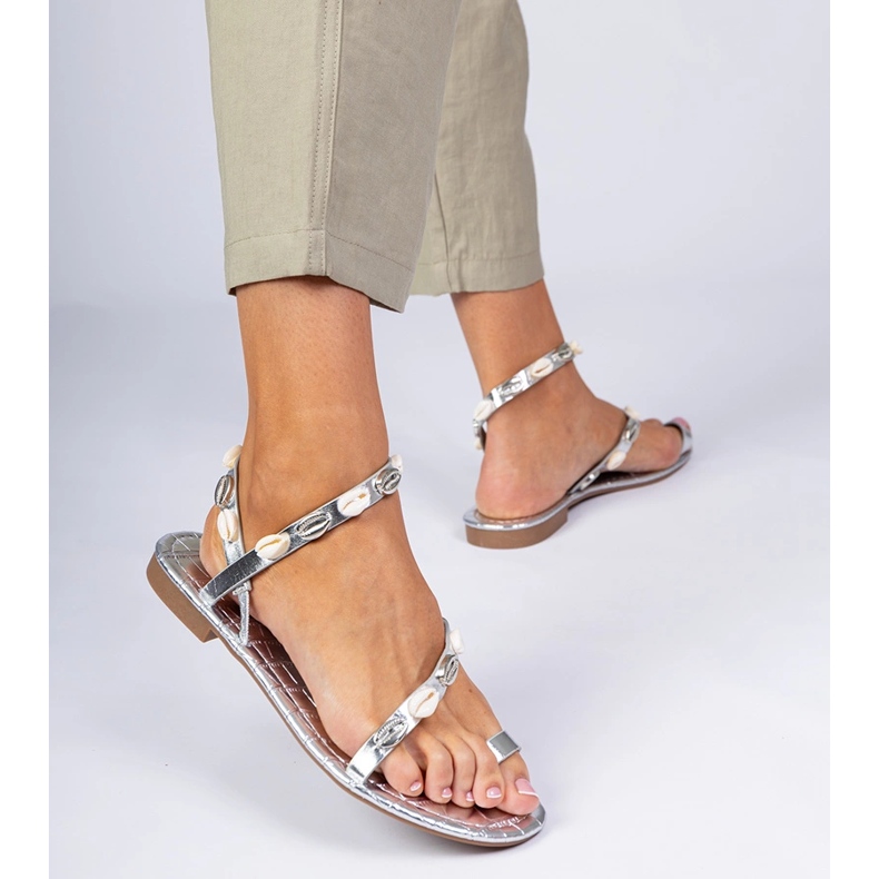 Silver women's sandals decorated with shells 1