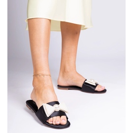 Black satin flip flops with a bow in pearls 1