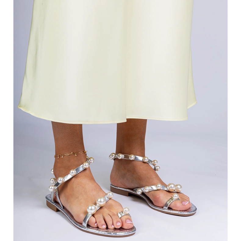 Silver women's sandals decorated with pearls 1