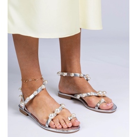 Silver women's sandals decorated with pearls 2