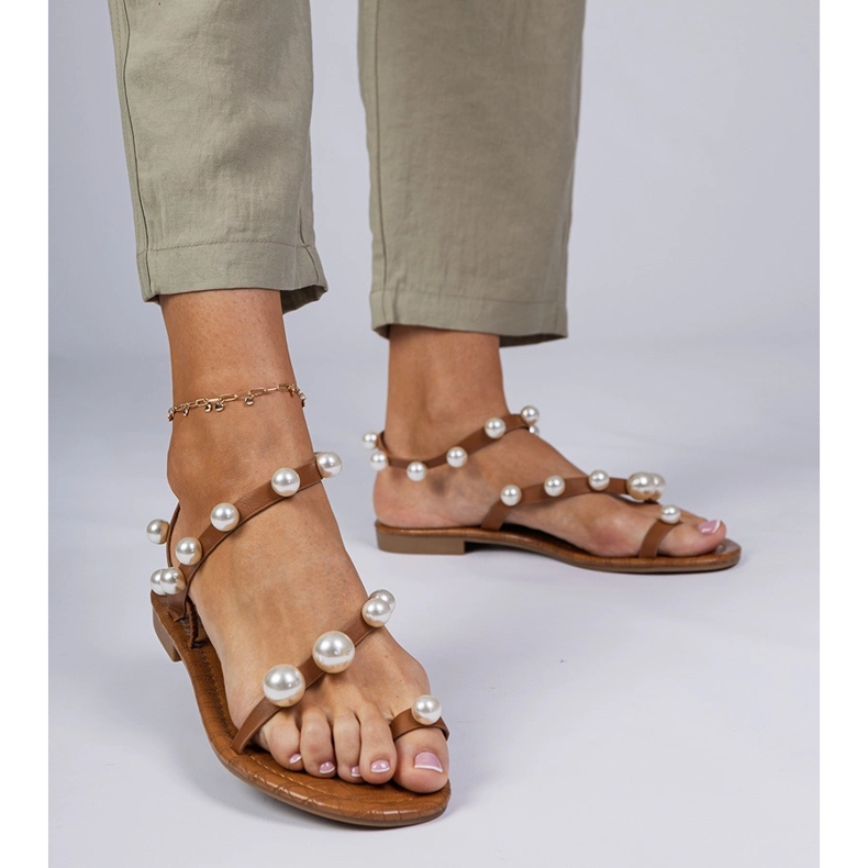 Brown women's sandals decorated with pearls 1