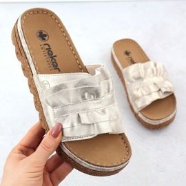 Women's flip flops on platform with golden rieker v8763-60 1