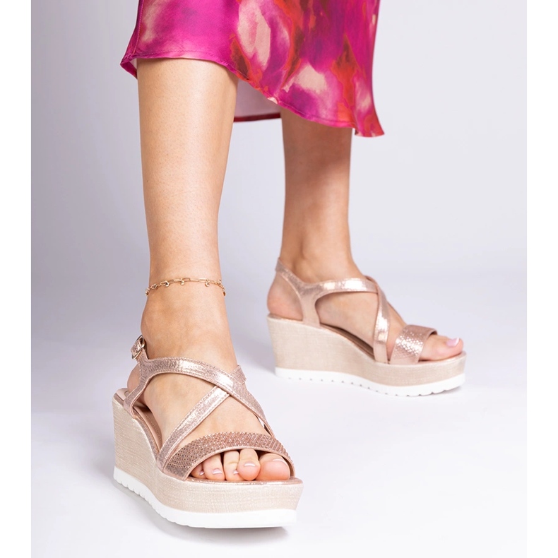 Champagne wedge sandals with zircons golden 1