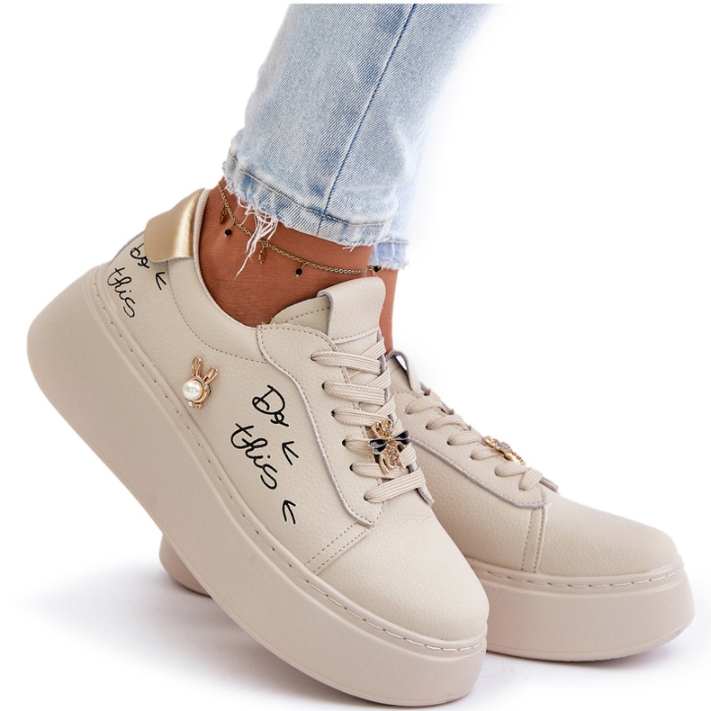 Vinceza Women's leather sneakers on the platform with pins and the inscription Vincez 89102 beige 5