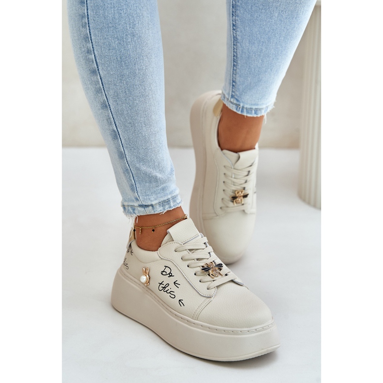 Vinceza Women's leather sneakers on the platform with pins and the inscription Vincez 89102 beige 4