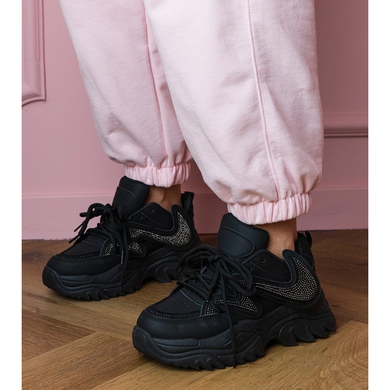Black sneakers on a massive sole with zircons 2