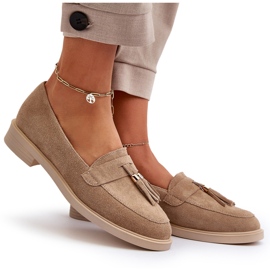 Zazoo 3420 suede leather women's flat -heeled loafers beige 6