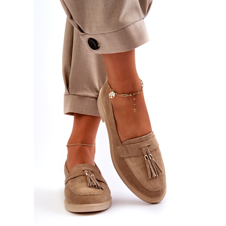 Zazoo 3420 suede leather women's flat -heeled loafers beige 5