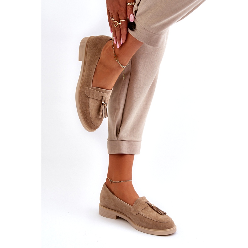 Zazoo 3420 suede leather women's flat -heeled loafers beige 4