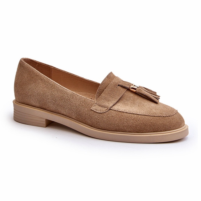 Zazoo 3420 suede leather women's flat -heeled loafers beige 1