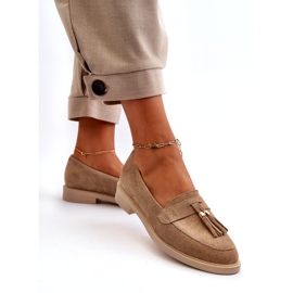 Zazoo 3420 suede leather women's flat -heeled loafers beige 3