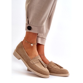 Zazoo 3420 suede leather women's flat -heeled loafers beige 2