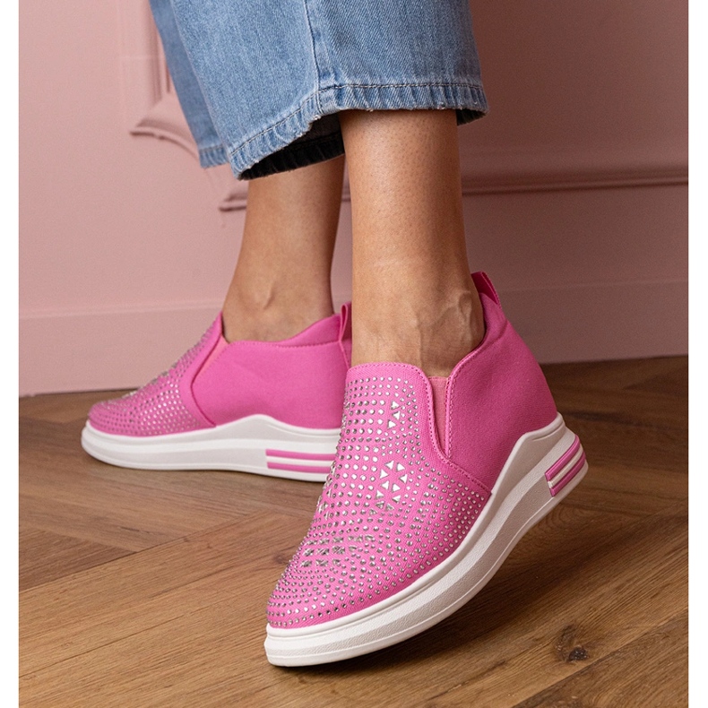Pink women's sneakers with zircons on a hidden wedge 1